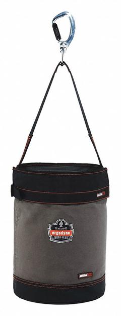 ERGODYNE Bucket Bag: 12 1/2 in W x 17 in H x 12 1/2 in L, Gray, Canvas, 0 Pockets, Buckle (MPN 5940T). Key specifications — attr1118525: ERGODYNE; attr1125037: Gray; attr1125041: Canvas; attr1203718: Yes.