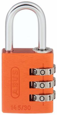 ABUS Combination Padlock: Scrolling Combo, Orange, Aluminum, Std Shackle, Steel Shackle (MPN 145/30 Orange). Key specifications — Dial Color: Silver; Brand: ABUS.