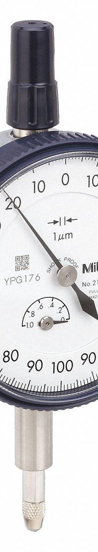 MITUTOYO Dial Indicator - Lug Back: 0 mm to 1 mm, Metric, Plunger, 0.005 mm Accuracy (MPN 2109A-10). Key specifications — attr1184168: 2109A-10; attr1184178: 0-100-0; attr1184223: MITUTOYO; attr1200883: Dial Indicator - Lug Back; attr1184173: AGD 2; attr1184177: 0.005 mm; attr1184208: Certificate of Inspection.