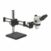 ACCU-SCOPE Microscope: Stereo, Trinocular, 0.67X to 4.5X, 22 mm Optical Field of View, 10 in x 10 in (MPN 3076-BS). Key specifications — attr1026089: Single Arm Boom; attr1026045: 10 in x 10 in; attr1026048: ACCU-SCOPE; attr1026055: Yes; attr1026068: 10X; attr1026078: 0.67X to 4.5X; attr1026095: 100 mm.