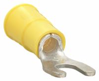 3M Fork Terminals: Yellow, Vinyl, #8 Stud Size, 12 AWG – 10 AWG Wire Range, Std Fork, 1,000 V (MPN MVU10-8FX). Key specifications — Barrel Style: Butted; Manufacturer Part Number: MVU10-8FX; Brand: 3M; Series: TH.