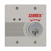DETEX Exit Door Alarm: 0.5 V DC, Mortise, Gray, Plastic, Horn, 100 dB Sound Level (MPN EAX-2500S GRAY W-CYL). Key specifications — Power Source: Electrically Corded; Brand: DETEX; Cylinder Type: Mortise; Sound Type: Horn; Alarm Body Color: Gray; Alarm Body Material: Plastic.