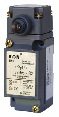 EATON Push Roller Plunger Limit Switch: Roller Plunger, Metallic, Momentary/Momentary, E50 (MPN E50BS36P). Key specifications — Brand: EATON; Electrical Connection: 8 ft Cable; Roller Material: Nylon; Series: E50.