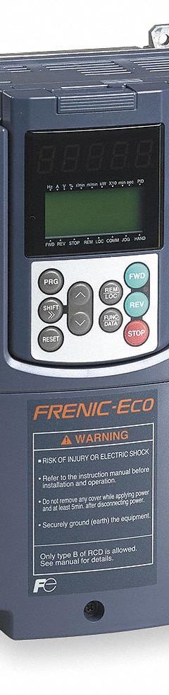 FUJI ELECTRIC Variable Frequency Drive: In Phase Three, Out Phase Three, 40 hp, IP20, No Bypass (MPN FRN0115G2S-2GU). Key specifications — Style: Compact/Heat Sink; Color: Black/Blue/Gray; Output Phase: Three.
