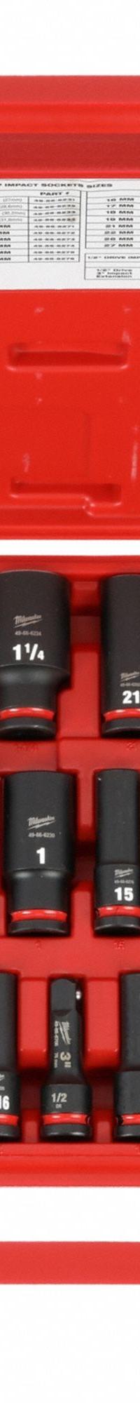 MILWAUKEE Impact Socket Set: 1/2 in Drive Size, Small Set (0-50 pieces) Set Size, 29 Pieces, 0 (MPN 49-66-7016). Key specifications — attr1204251: MILWAUKEE; attr1215453: 1/2 in; attr1215454: 7/16 in to 1-1/4 in; attr1224229: Friction.