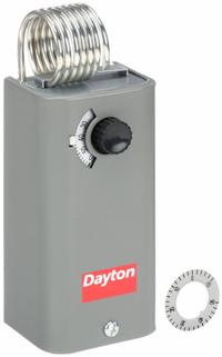 DAYTON Line Volt Mechanical Tstat: Heat or Cool, Steel, 30° to 110°F, 3.5°F, Hydraulic Air Coil (MPN 1UHH2). Key specifications — attr400419: 24 to 600V AC; attr400424: SPDT, Open/Close on Rise; attr400415: 30° to 110°F; attr400417: 3.5°F; attr400418: Hydraulic Air Coil; attr400408: Heat or Cool; attr408361: DAYTON; attr400410: Steel.