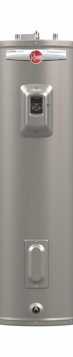 RHEEM Electric Water Heater: 240V, 50 gal, 5 kW, Single Phase, 48 in Ht, 25 gph @ 90°F Rise (MPN PROPE50 M2 RH CG /701691). Key specifications — Phase: Single; Brand: RHEEM; Maximum Recovery Flow Rate: 25 gph @ 90°F Rise.