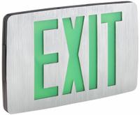 Exit Sign: Emergency Battery Backup, LED, Black, Green, 1 Faces, Ceiling/Wall, Nickel Cadmium (MPN CCESGE). Key specifications — Voltage: 120/277 V AC; Directional Indicators: Universal Field Selectable Chevrons; Text Color: Green; Brand: COMPASS; Emergency Battery Backup: Yes; Housing Color: Black; Lighting Technology: LED; Emergency Battery Backup - Broad: With Battery Backup.