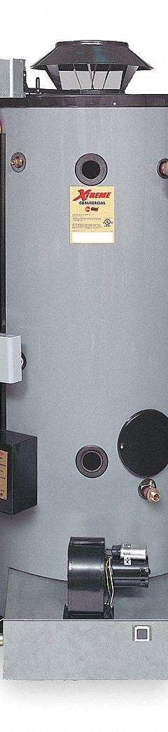 RHEEM-RUUD Commercial Gas Water Heater: Natural Gas, Low NOx, 90 gal, 550,000 BTU, 74.5 in Ht (MPN GX90-550A). Key specifications — Display Sell UOM: EA; Market: Commercial; Standards: cULus Listed; Brand: RHEEM-RUUD; Low NOx: Yes; Water Connection Location: Side; Fuel Type: Natural Gas; Included Valves: Temperature and Pressure Relief.