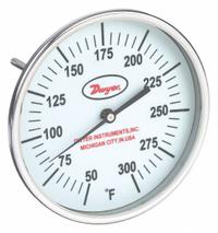 DWYER Glow-in-the-Dark Dial Thermometer: 50°F to 300°F, +/- 1% Accuracy, 5 in Dial Dia, Male (MPN GBTB54061). Key specifications — Accuracy: +/- 1%; Brand: DWYER.