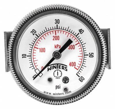 WINTERS Panel-Mount Pressure Gauge: U-Clamp, 0 psi to 60 psi, 2 in Dial, 1/4 in NPT Male - U-Clamp Panel-Mount with Brass/Bronze Wetted Parts