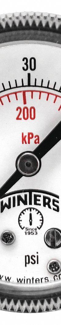 WINTERS Panel-Mount Pressure Gauge: U-Clamp, 0 psi to 60 psi, 2 in Dial, 1/4 in NPT Male, P9U 90, 5 (MPN P9U901405UC). Key specifications — Accuracy: ±2-1-2%; Brand: WINTERS; Vibration Resistance Properties: Dry Case Vibration-Dampened; Gauge Wetted Parts: Brass / Bronze.