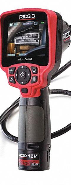 RIDGID Inspection Camera: 640 x 480, 3 ft Shaft Lg, 0.7 in Shaft Dia, 17 mm Camera Dia, TFT LCD (MPN 55898). Key specifications — Brand: RIDGID; Camera Pixel Resolution: 640 x 480; Features: Photo and Video Capture; Includes: USB Cable; Includes Probe: Camera Probe Included; Display Portability: Fixed; Camera Probe: Included.