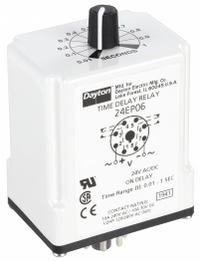 DAYTON Single Function Time Delay Relay: Socket Mounted, 24V AC/DC, 10 A, 8 Pins/Terminals, On Delay (MPN 24EP06). Key specifications — Brand: DAYTON.