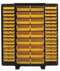 JAMCO Bin Cabinet: 36 in x 24 in 78 in, 0 Shelves, 114 Bins, Yellow, Flush, 14 ga Panel, Black, Bins (MPN DP236BL). Key specifications — Bin Color: Yellow; Bin HxWxD: (18) 7 in x 16-1/2 in x 14-3/4 in; Assembled: Assembled; Cabinet Style: Shelf and Bin; Brand: JAMCO; Cabinet Color: Black; Cabinet Finish: Powder Coated; Cabinet Material: Steel.