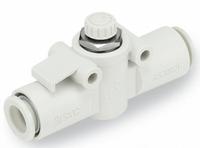 SMC Speed Control Valve: In-Line Fitting, Hex Screw, 3/8 in Valve Body Size, 8 mm Tube, Meter In (MPN AS3002F-08). Key specifications — attr947203: Brass/PBT; attr947205: SMC.