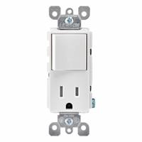 Combination Switch/Outlet: Rocker Switch, 5-15R, White, 120V AC, 15 A (MPN T5625-W). Key specifications — Brand: LEVITON.