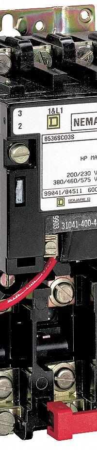 SQUARE D Magnetic Motor Starter: Non-Reversing, 2 Poles, NEMA Size 1, 27 A, 240V AC Coil (MPN 8536SCO2V03). Key specifications — Brand: SQUARE D; Coil Voltage: 220/240V AC; Phase: Three; Operator: None; Terminal Connection Type: Screw Clamp Terminals; Includes Pilot Light: No; Operator Controls: None; Auxiliary Contacts Included: No Auxiliary Contacts Included.