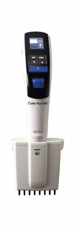 COLE-PARMER Multichannel Pipettor: 8 Channels, 300 ul Capacity - Max, 0.1 ul Volume Increments (MPN 2450134). Key specifications — Color: Blue; Brand: COLE-PARMER; Pipetter Type: Electronic Adjustable Volume; Autoclavable: Autoclavable; Product Type: Multichannel Pipettor.