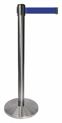 QUEUEWAY Barrier Post with Belt: Blue, No Pattern, No Legend, 10 ft Belt Lg, Silver, 10 ft x 2 in (MPN QPLUS-1S-L5). Key specifications — Base Material: Metal Alloy; Belt Color: Blue; Brand: QUEUEWAY; Post Material: Metal Alloy; Post Color: Silver; Message: No Legend.