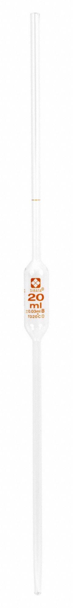 SIBATA Volumetric Pipette: 20 mL Capacity, Non-Sterile, Not Individually Wrapped, Glass (MPN 2040-20-3MM). Key specifications — attr1080643: Non-Sterile; attr1073884: SIBATA; attr1080635: Not Individually Wrapped; attr1080640: Volumetric; attr1080636: Glass; attr1080641: Volumetric Pipette.