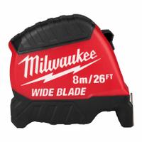 MILWAUKEE Wide Blade Tape Measure: Nonmagnetic Single Hook Tip, 26 ft / 8 m, Plastic, Black/Red (MPN 48-22-1226). Key specifications — attr935324: MILWAUKEE; attr942259: Red; attr935328: 1/16 in; attr935329: Inches; attr935337: Metric/SAE; attr936607: Manual Lock; attr985315: Greater than 5 m; attr972446: Inch/Metric.