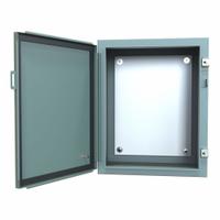 HAMMOND Electrical Enclosure: Steel, 20 in x 16 in x 10 in, NEMA 12/13, w/Panel, Solid Cover, Hinged (MPN 1418C10). Key specifications — Brand: HAMMOND; Closure Method: Clamps; Knockouts: Not Included.
