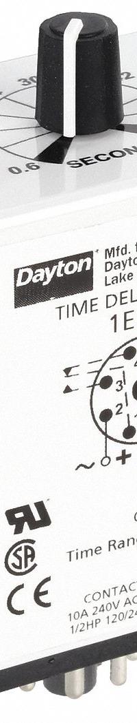 DAYTON Single Function Time Delay Relay: Socket Mounted, 120V AC, 10 A, 8 Pins/Terminals, On Delay (MPN 1EGB3). Key specifications — Brand: DAYTON.