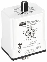 DAYTON Single Function Time Delay Relay: Socket Mounted, 120V AC, 10 A, 8 Pins/Terminals, On Delay (MPN 1EGB3). Key specifications — Brand: DAYTON.