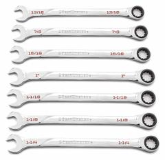GEARWRENCH Combination Ratcheting Wrench Set: Alloy Steel, Full Polish Chrome, 7 Tools, Std, Rounded (MPN 86452). Key specifications — attr309581: Full Polish Chrome; attr309580: Alloy Steel; attr309571: No; attr309583: No; attr309587: Yes; attr324931: GEARWRENCH.