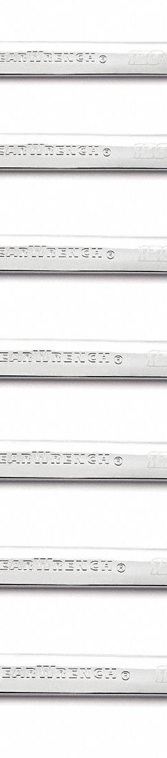 GEARWRENCH Combination Ratcheting Wrench Set: Alloy Steel, Full Polish Chrome, 7 Tools, Std, Rounded (MPN 86452). Key specifications — attr309581: Full Polish Chrome; attr309580: Alloy Steel; attr309571: No; attr309583: No; attr309587: Yes; attr324931: GEARWRENCH.