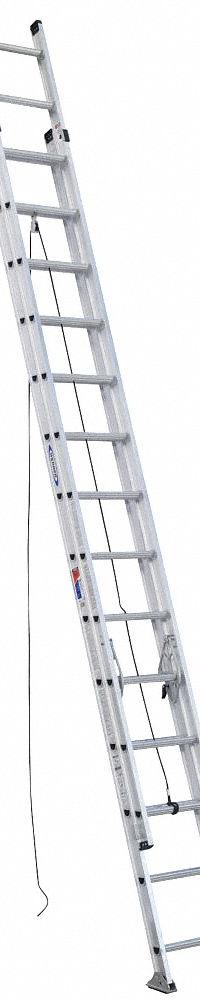 WERNER Extension Ladder: 28 ft Ladder Size, Aluminum, 300 lb Load Capacity, 56 lb Wt, 2 Sections (MPN D1528-2). Key specifications — Color: Silver; Brand: WERNER; Included Features: Rope and Pulley; Removable Fly: Removable.
