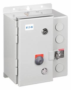 EATON NEMA Magnetic Motor Starter: Non-Reversing, 3 Poles, NEMA Size 00, 9 A, 24V AC Coil (MPN ECN05A2TAA-R63/A). Key specifications — attr211388: EATON; attr951451: 1NO/1NC; attr951453: 24V AC; attr951489: Three; attr984425: 1NO/1NC; attr984429: Pilot Light; attr997361: None (Not Applicable to Electronic Overloads).