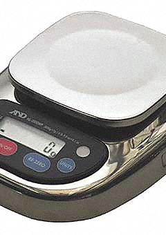 A&D WEIGHING Food Scale: 6 3/4 in Weighing Surface Dp, 5 3/8 in Weighing Surface Wd, LCD (MPN HL-3000LWPN). Key specifications — Readability: 0.002 lb/1 g; Brand: A&D WEIGHING; IP Rating: IP65.
