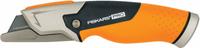 FISKARS Utility Knife: 7 1/2 in Overall Lg, Std Tip, Rubberized, Rubber, Orange, Hinge (MPN 770010-1001). Key specifications — attr307837: Hinge; attr307830: Standard Tip; attr307833: Orange; attr307831: Rubberized; attr307832: Rubber; attr324891: FISKARS.