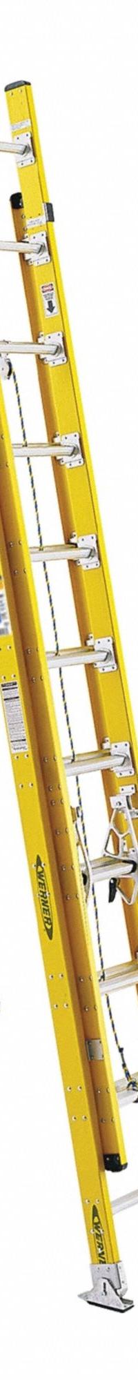 WERNER Extension Ladder: 20 ft Ladder Size, Fiberglass, 375 lb Load Capacity, 50 lb Wt, 2 Sections (MPN D7120-2). Key specifications — Color: Yellow; Brand: WERNER; Included Features: Rope and Pulley; Removable Fly: Removable.