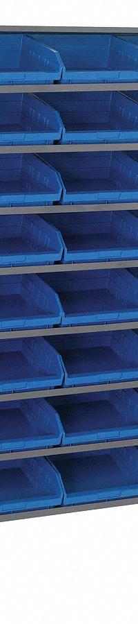QUANTUM STORAGE SYSTEMS Pick Rack: 36 in x 24 in x 64 in, 2 Usable Sides, 16 Shelves, 48 Bins, Blue (MPN QPRD-209BL). Key specifications — Bin HxWxD: (48) 6 in x 11-1/8 in x 11-5/8 in; Frame Material: Steel; Frame Color: Gray; Bin Color: Blue; Brand: QUANTUM STORAGE SYSTEMS.