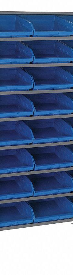 QUANTUM STORAGE SYSTEMS Pick Rack: 36 in x 24 in x 64 in, 2 Usable Sides, 16 Shelves, 48 Bins, Blue (MPN QPRD-209BL). Key specifications — Bin HxWxD: (48) 6 in x 11-1/8 in x 11-5/8 in; Frame Material: Steel; Frame Color: Gray; Bin Color: Blue; Brand: QUANTUM STORAGE SYSTEMS.