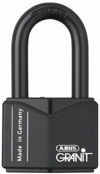 ABUS Padlock: Steel, Unfinished, Black, Long Shackle, Steel, 2 in Vert Clearance, GRANIT (MPN 37HB/55 MK KD). Key specifications — attr1312298: GRANIT; attr1312306: 694; attr1312342: Yes; attr1312346: ABUS.