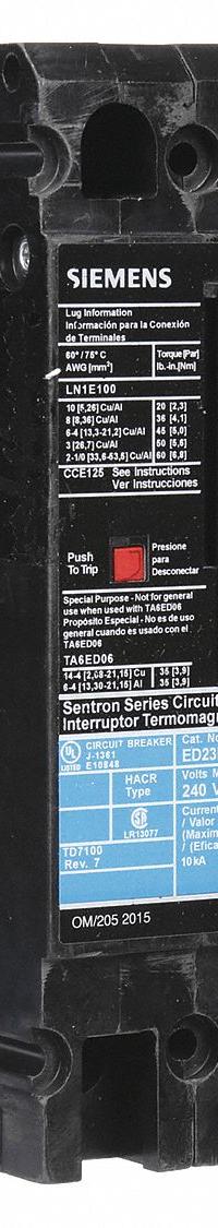 SIEMENS Molded Case Circuit Breaker: 50 A Amps, 10kA at 240V AC, Fixed, Load Side Lug, ABC, ED2 (MPN ED23B050). Key specifications — Phase Connection: ABC; Instantaneous Trip: Fixed; Terminal Connection: Load Side Lug; Series: ED2; Max. AIR Rating: 10kA at 240V AC.