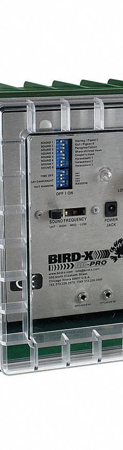 BIRD-X Electronic Bird Repeller: 3,600 sq ft Coverage Area, Wall Mount, Electric, 110 dB Max Volume (MPN BB-PRO). Key specifications — Manufacturer Part Number: BB-PRO; Brand: BIRD-X; Mounting Type: Wall Mount; Power Source: Electric; Targeted Animals: Swallows; Voltage: 110 V AC.