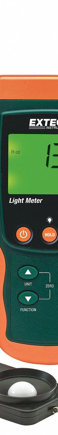 EXTECH Light Meter: Carrying Case/Light Sensor/Protective Cover/SD Card, ±4% Light Level Accuracy (MPN SDL400-NIST). Key specifications — Brand: EXTECH; Light Level Accuracy: ±4%; Digital Display Screen Type: LCD with Backlight; Includes: SD Card; Lights Tested: Visible Light; Certificate of Calibration: Included.