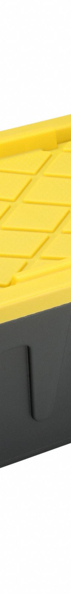 DURABILT Storage Tote: 27 gal, 30 3/4 in x 20 1/2 in x 14 3/8 in, Black Body, Yellow Lid, Yellow (MPN 4427GRBKYL.04). Key specifications — Material: Plastic; Edge/Corner Design: Rounded; Body Color: Black; Lid Color: Yellow; Brand: DURABILT; NSF Certified: Not NSF Certified; Nestable: Nesting Capable.