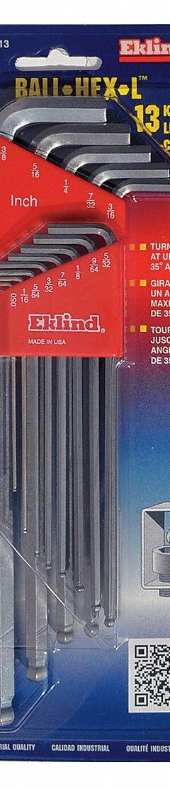 EKLIND Hex Key Set: 11 - 15 Pieces, Bright-Ball-Hex-L Extra Long, L, SAE, Single Ball End, 13 Pieces (MPN 17313). Key specifications — attr1205553: Not Tether Capable; attr1205554: EKLIND; attr1205568: Bright; attr1293176: 11 - 15 Pieces.