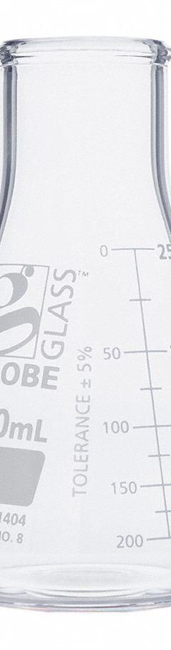 GLOBE SCIENTIFIC Erlenmeyer Flask: 250 mL, Colorless, Conical, A, 8 Compatible with Stopper Size (MPN 8410250). Key specifications — Shape: Conical; Body Color: Colorless; Brand: GLOBE SCIENTIFIC; Compatible with Stopper Size: 8; USP Specification: Type I.