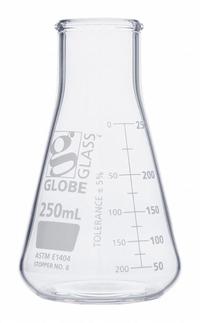 GLOBE SCIENTIFIC Erlenmeyer Flask: 250 mL, Colorless, Conical, A, 8 Compatible with Stopper Size (MPN 8410250). Key specifications — Shape: Conical; Body Color: Colorless; Brand: GLOBE SCIENTIFIC; Compatible with Stopper Size: 8; USP Specification: Type I.