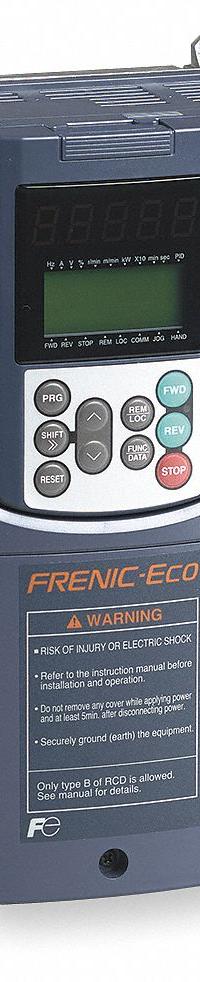 FUJI ELECTRIC Variable Frequency Drive: In Phase Single/Three, Out Phase Three, 5 hp, No Bypass (MPN FRN0009G2S-4GU). Key specifications — Style: Compact/Heat Sink; Color: Black/Blue/Gray; Output Phase: Three.