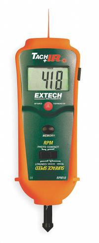 EXTECH Combination Tachometer: +/-0.05% RPM Accuracy, 0.1 RPM, 20,000 RPM Max Contact RPM, Included (MPN RPM10-NIST). Key specifications — Includes: 23 in Reflective Tape; Brand: EXTECH; Digital Display Screen Type: LCD; RPM Accuracy: +/-0.05%; RPM Resolution: 0.1 RPM; Calibration Certificate: Included.