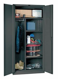 HALLOWELL Storage Cabinet: 36 in x 24 in x 78 in, 4 Shelves, Swing Handle & Padlock Hasp, Adj, Solid (MPN HW6CC6478-4CL). Key specifications — attr113700: Adjustable; attr113673: Frame; attr113674: Dark Gray; attr113686: No; attr113685: Assembled; attr113675: Shelves; attr66488: HALLOWELL; attr113676: Hanging Rod and Shelves.