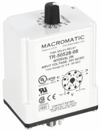 MACROMATIC Single Function Time Delay Relay: Socket Mounted, 24V AC/DC, 10 A, 8 Pins/Terminals (MPN TR-50528-08). Key specifications — Brand: MACROMATIC.
